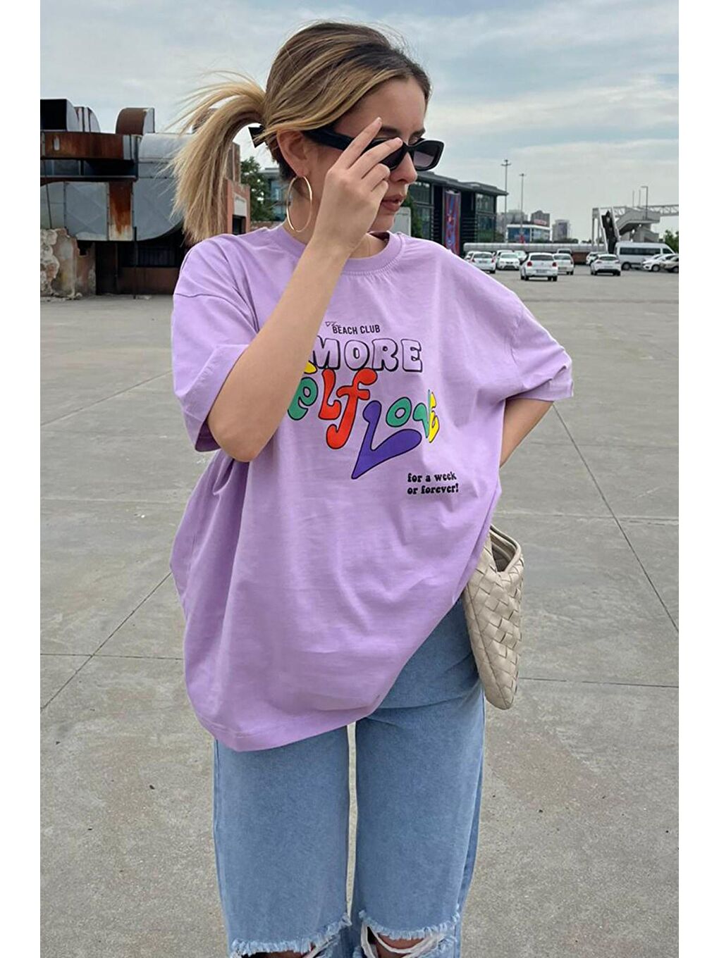 Lila Baskılı Oversize Tişört Mg1522-1
