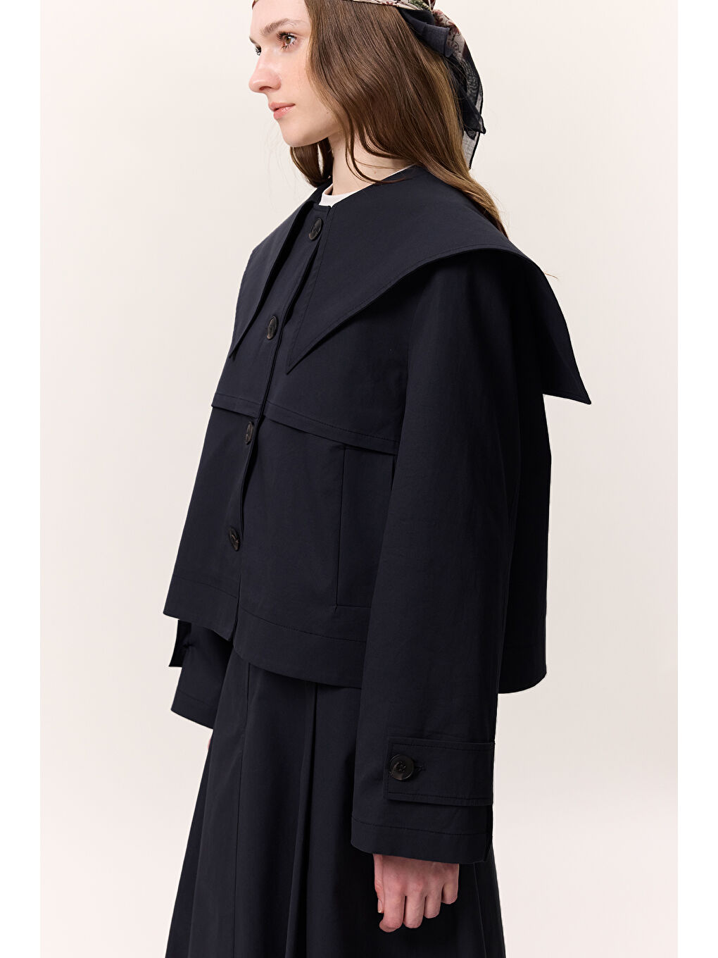 Geniş Yaka Gabardin Ceket Lacivert-6