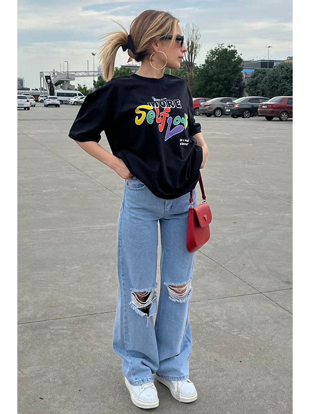 Siyah Baskılı Oversize Tişört Mg1522-1