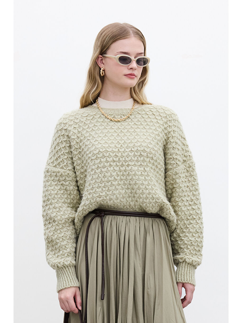 Desenli Örgü Triko Kazak Soft Yeşil-5