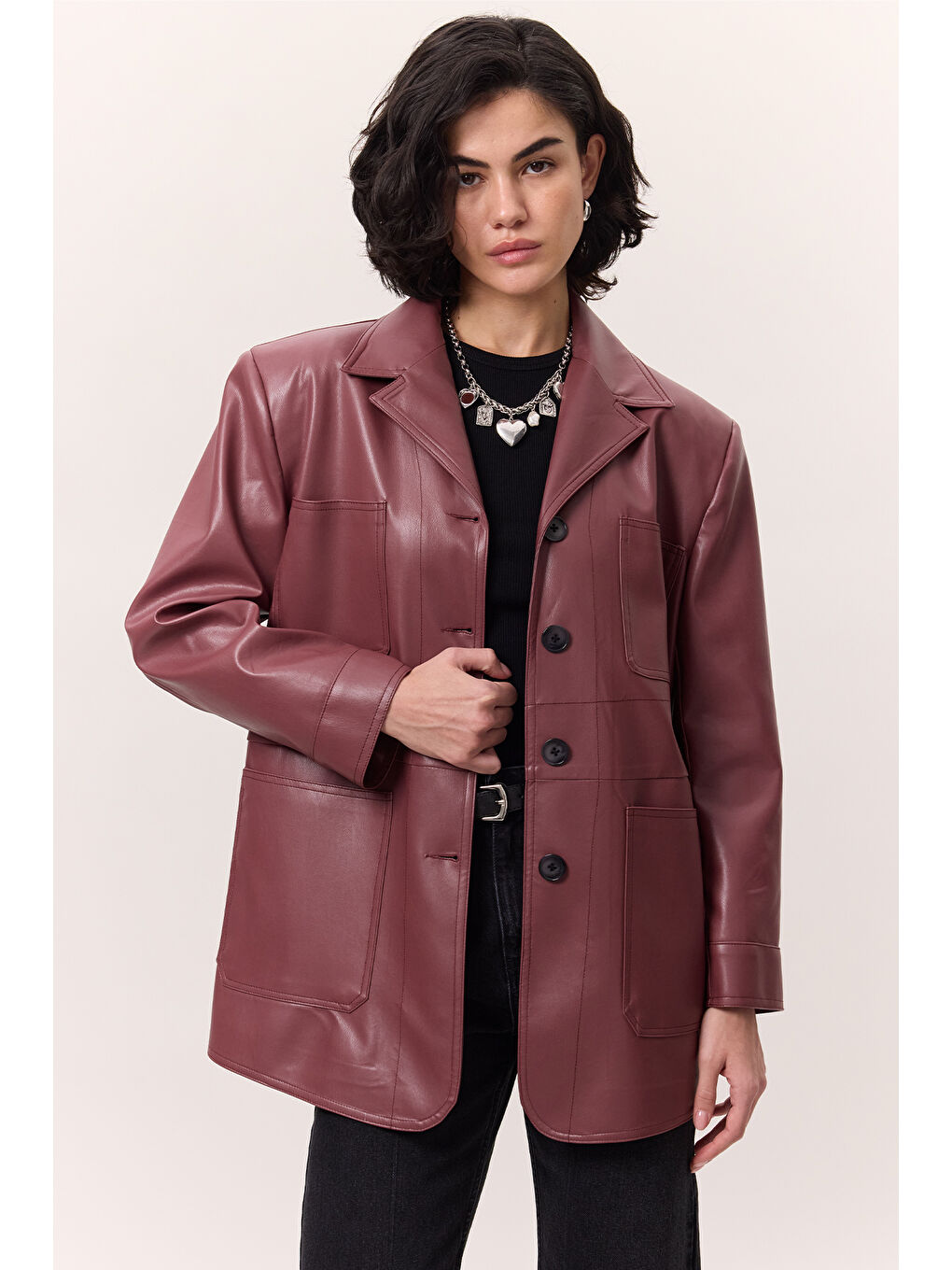 Pembe Retro Deri Ceket Gülkurusu-3