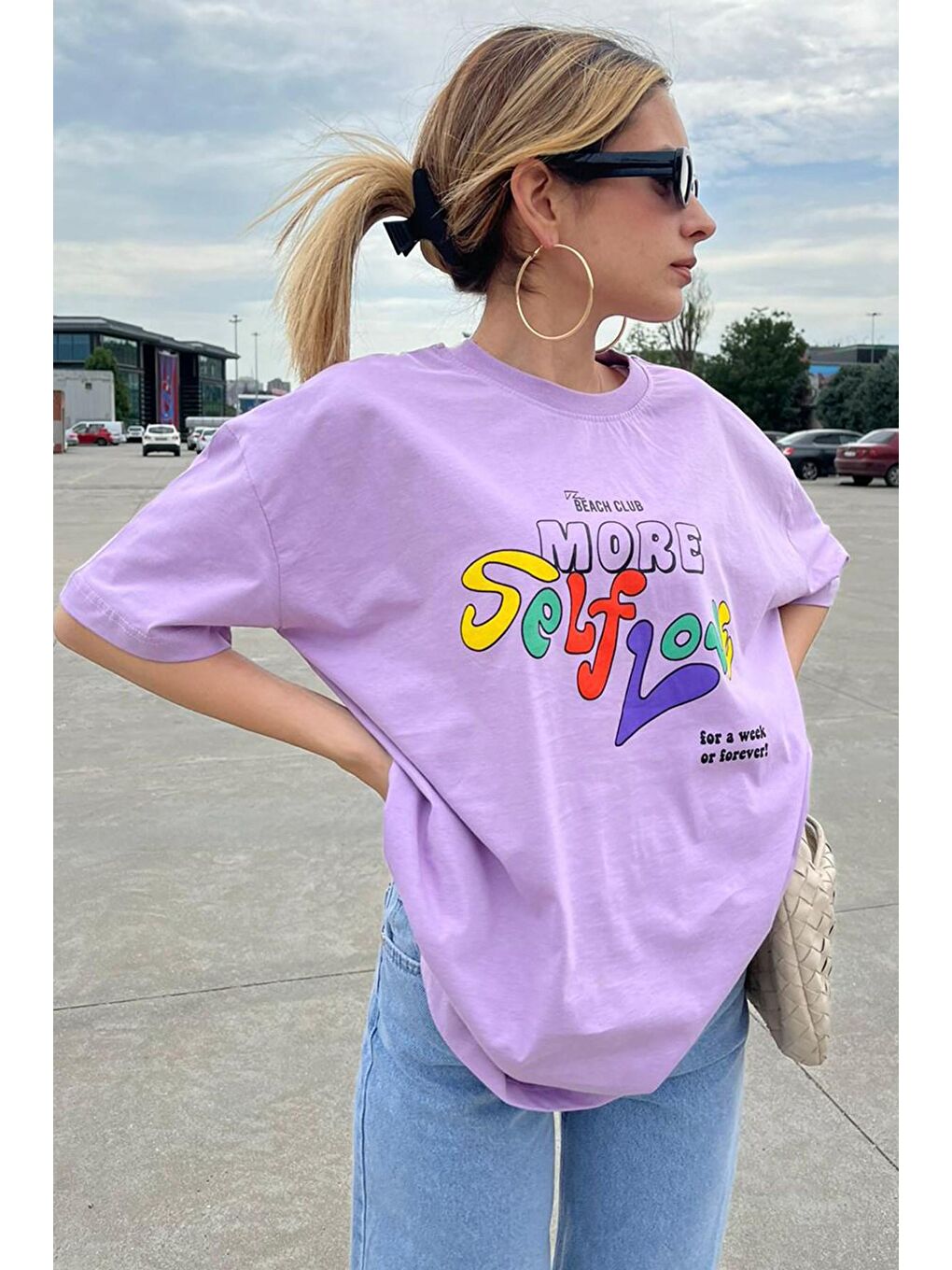 Lila Baskılı Oversize Tişört Mg1522-2