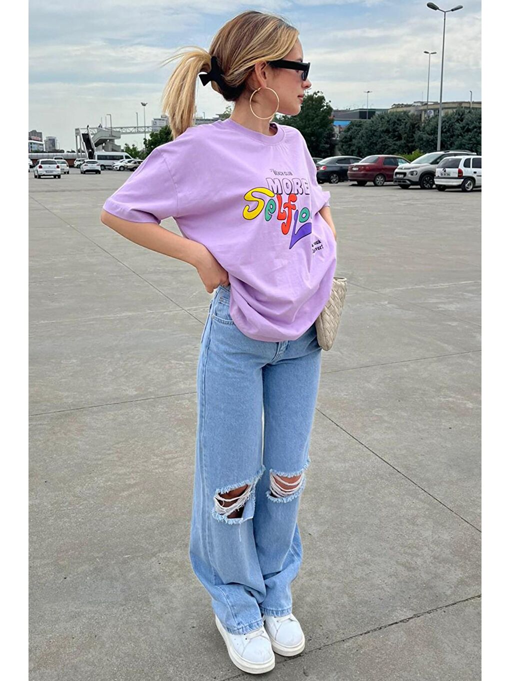 Lila Baskılı Oversize Tişört Mg1522-3