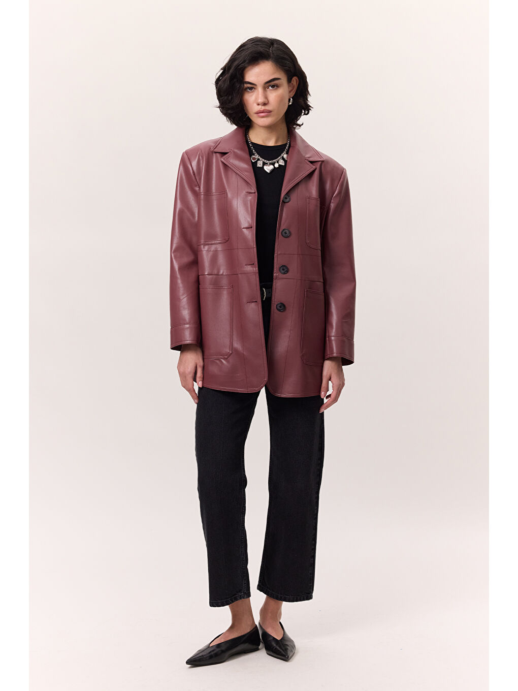 Pembe Retro Deri Ceket Gülkurusu-4