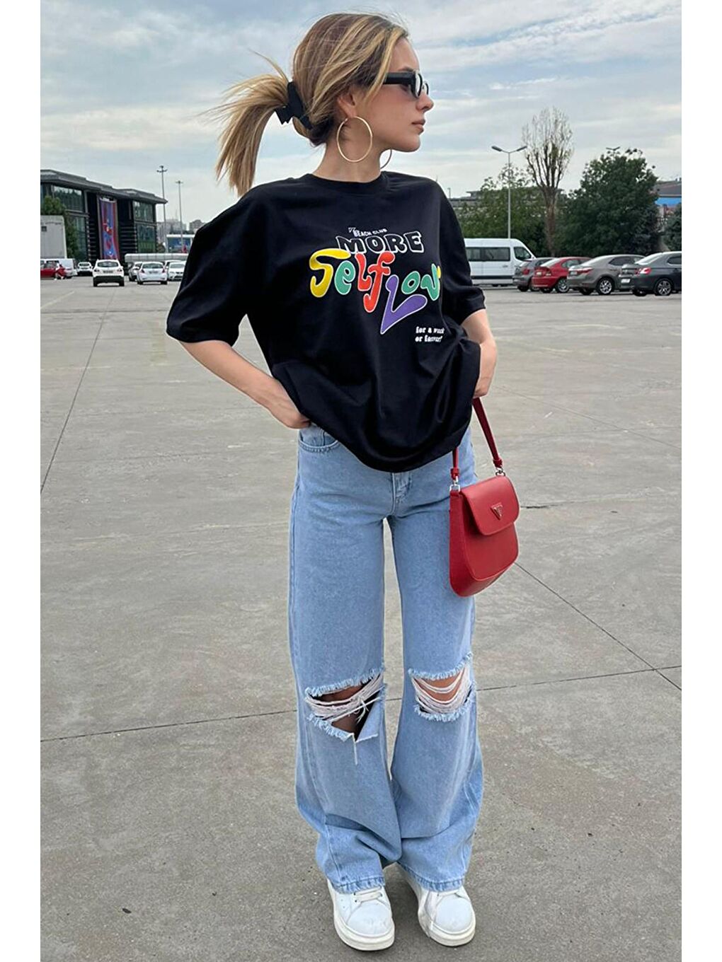 Siyah Baskılı Oversize Tişört Mg1522-3