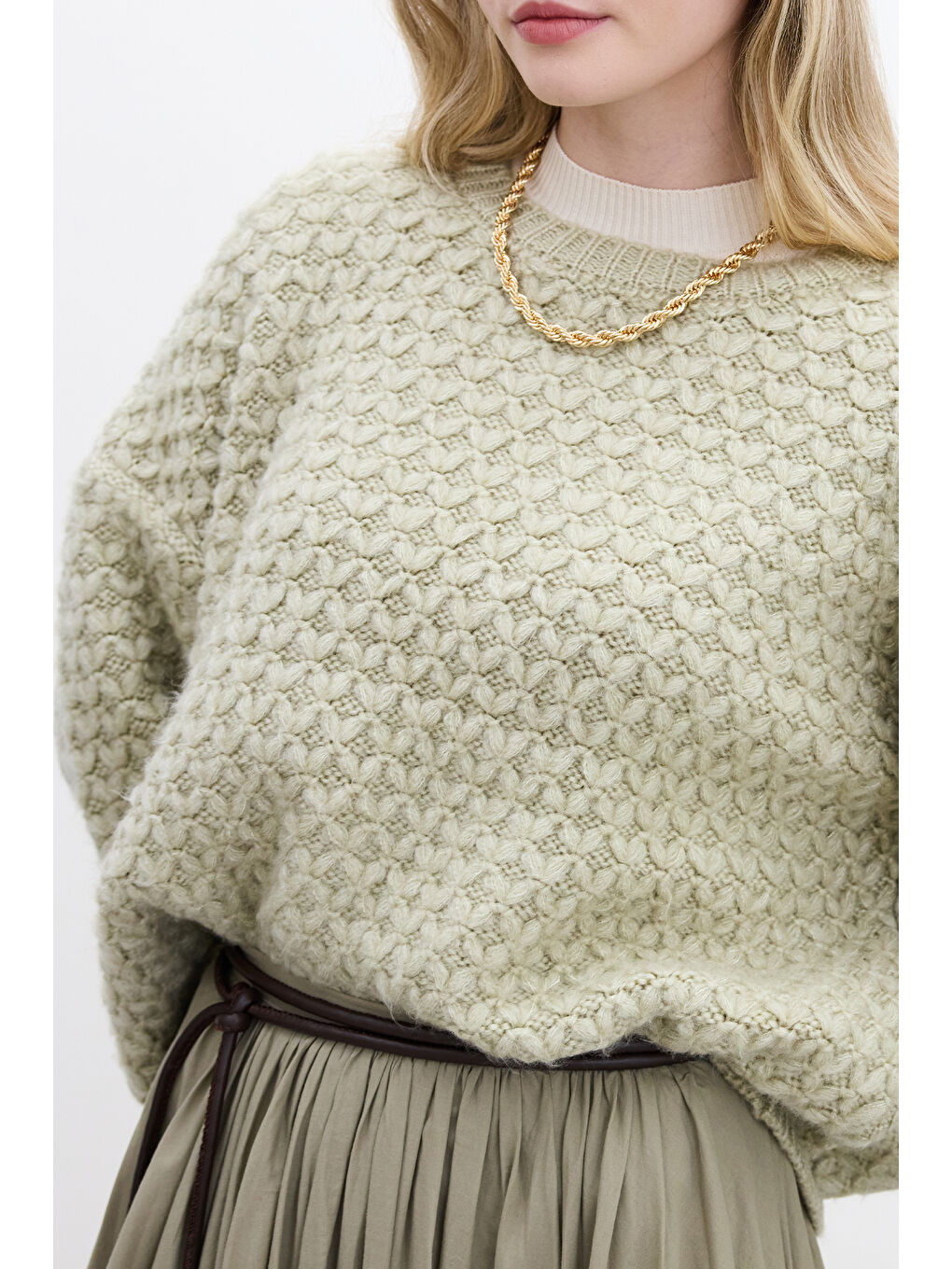 Desenli Örgü Triko Kazak Soft Yeşil-6