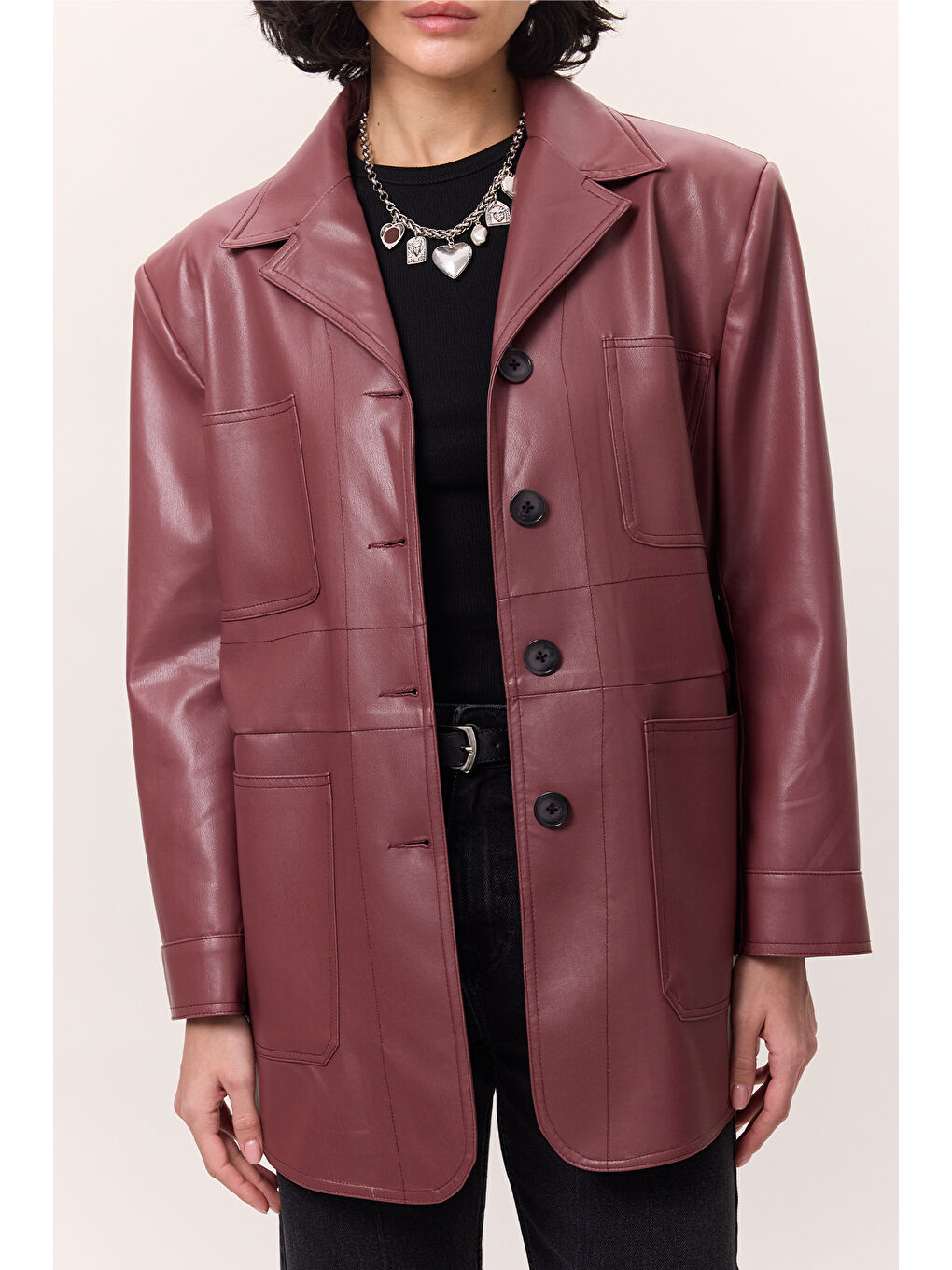 Pembe Retro Deri Ceket Gülkurusu-6