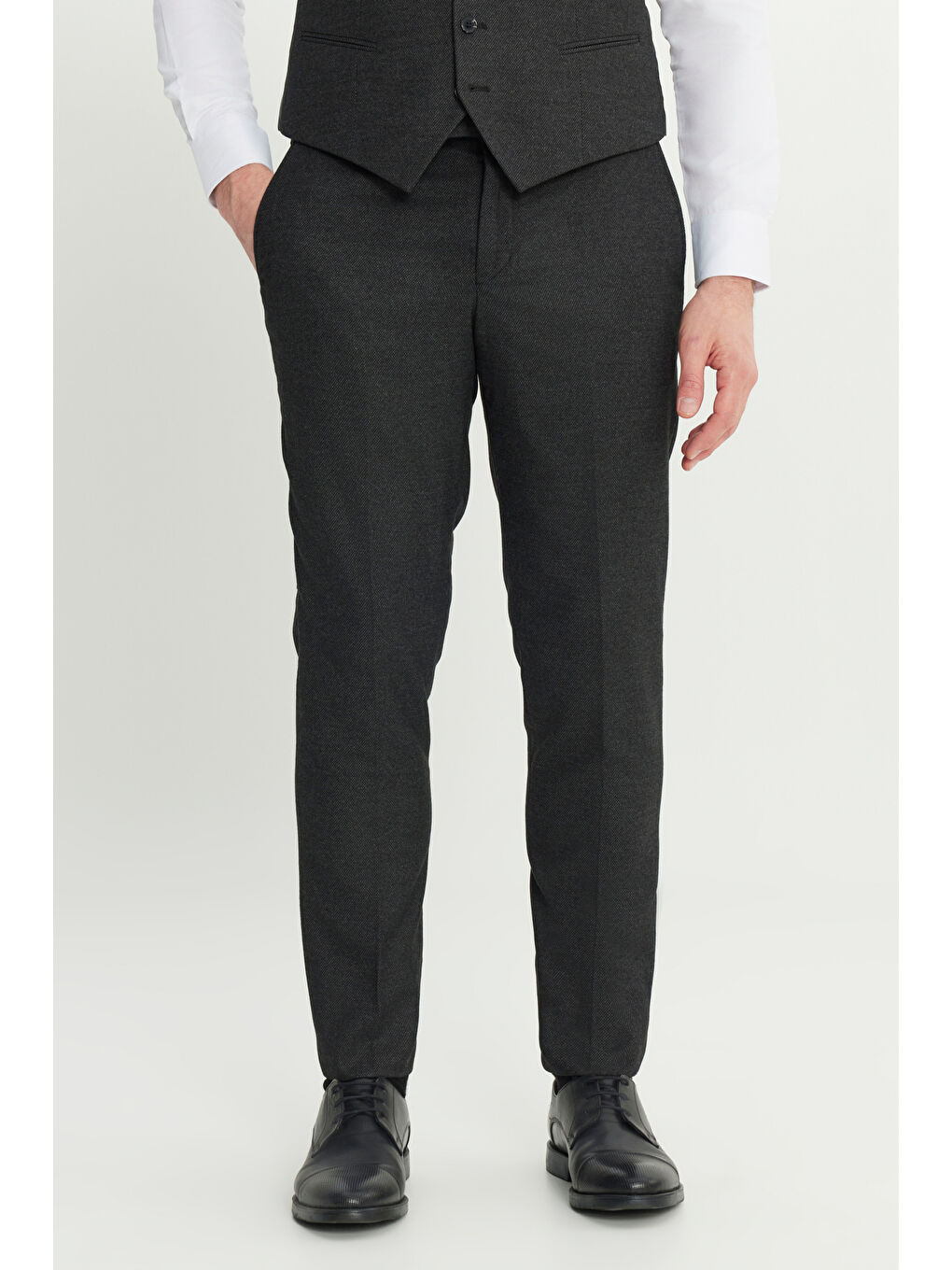 Erkek Siyah-Antrasit Slim Fit Dar Kesim Mono Yaka Kapak Cepli Yelekli Takım Elbise-6