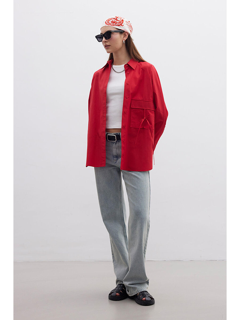 Cep Bağlama Detaylı Gömlek Kırmızı-5