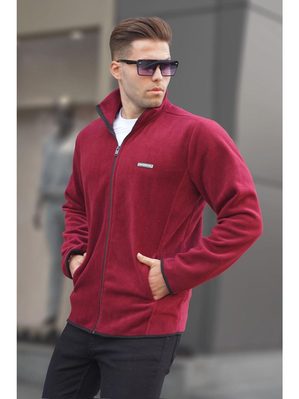 Madmext Bordo Erkek Bordo Dik Yaka Anti-Pilling Dik Yaka Fermuarlı Polar Sweatshirt 6045