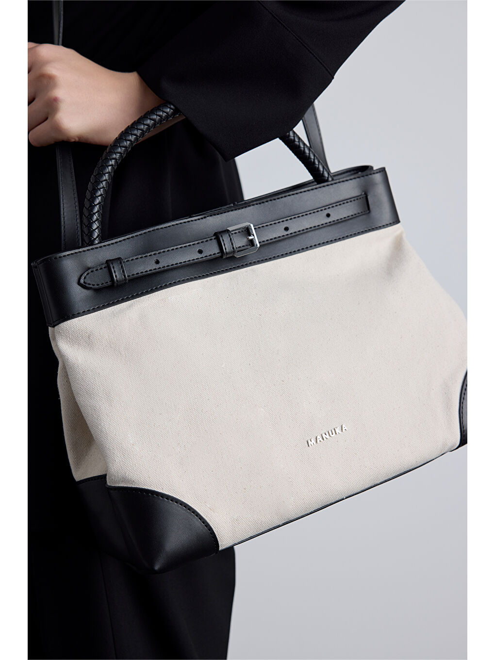 Kemer Detaylı Kanvas Çanta Bej-2