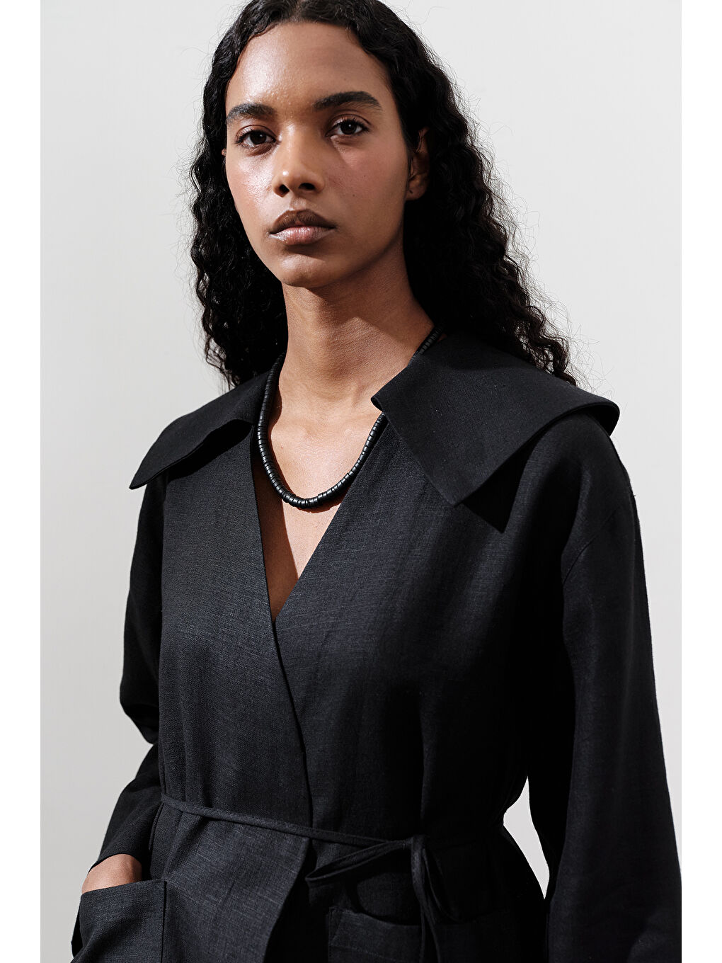 Keten Geniş Yaka Ceket Siyah-2