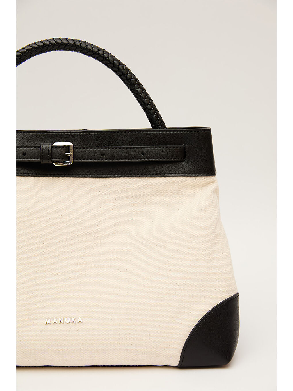 Kemer Detaylı Kanvas Çanta Bej-3