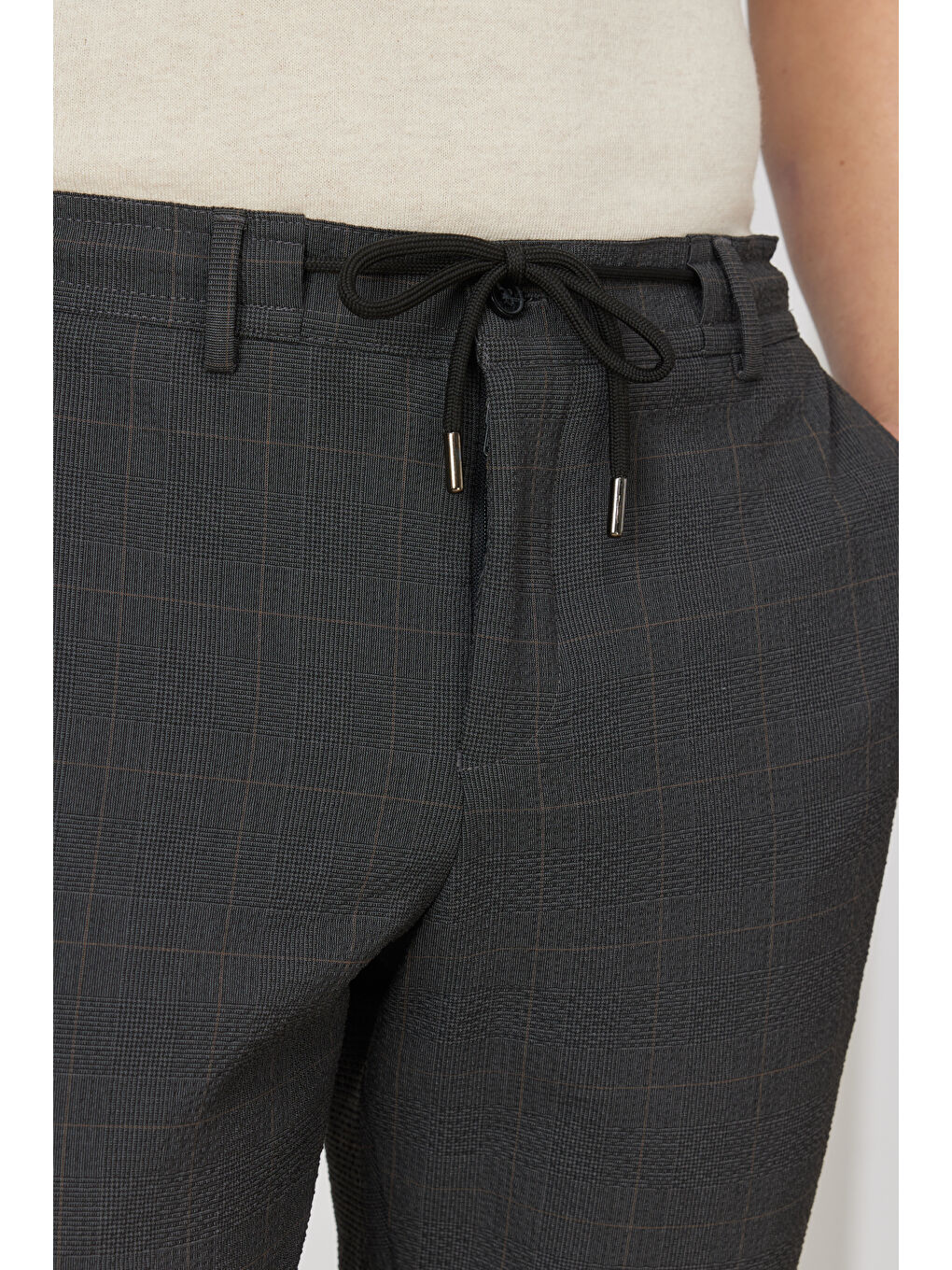 Erkek Antrasit-Kahverengi Slim Fit Dar Kesim Mono Yaka Gofre Desenli Takım Elbise-7