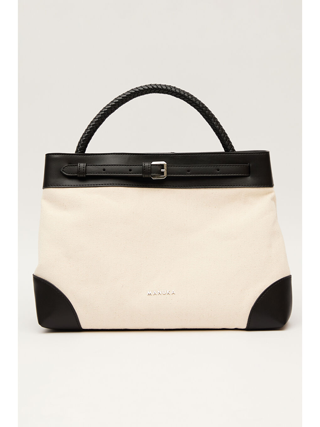 Kemer Detaylı Kanvas Çanta Bej-4