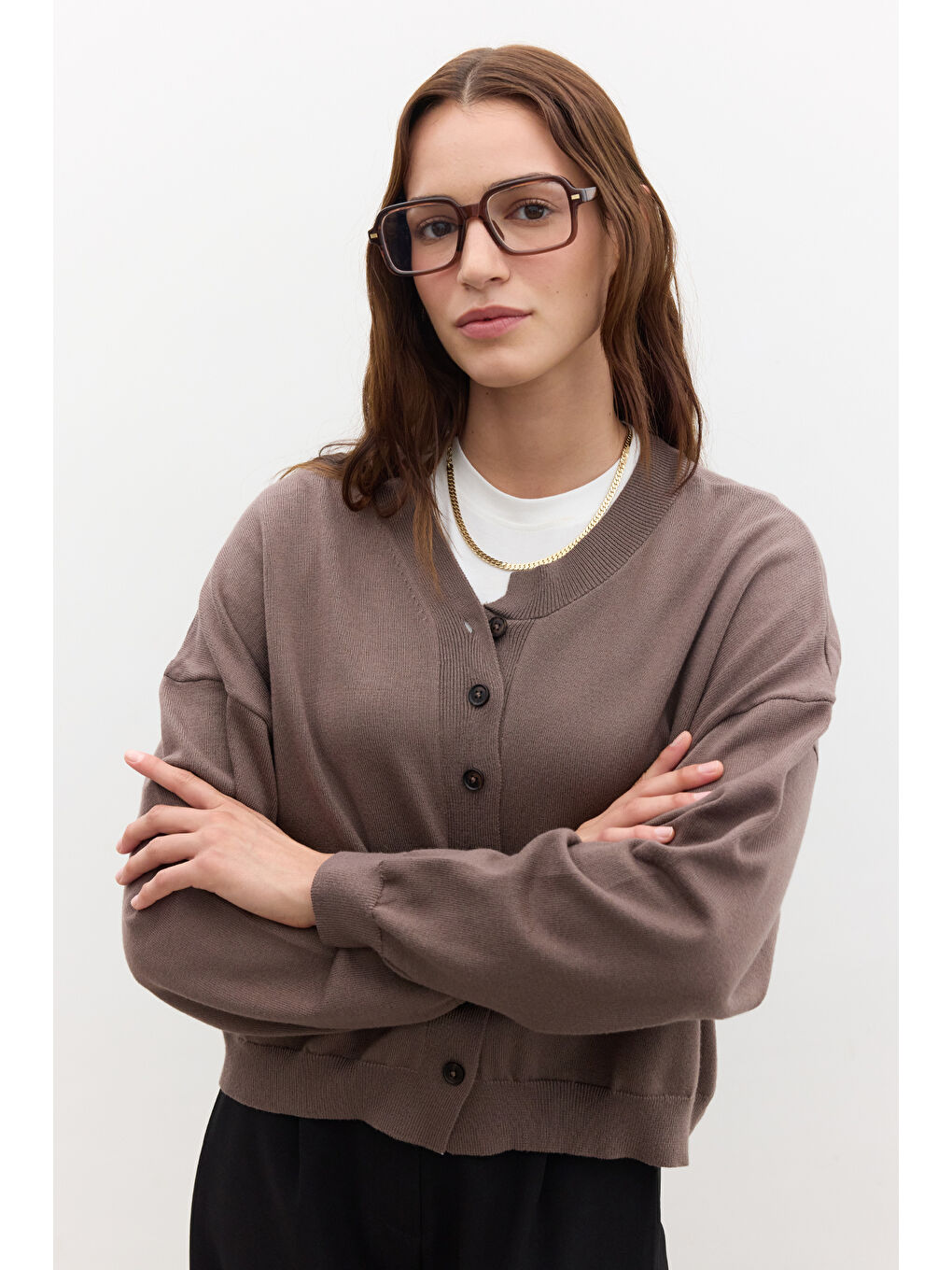 Bej Yumuşak Dokulu Oversize Triko Hırka Vizon-1