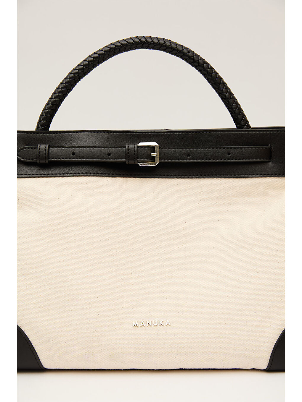 Kemer Detaylı Kanvas Çanta Bej-5