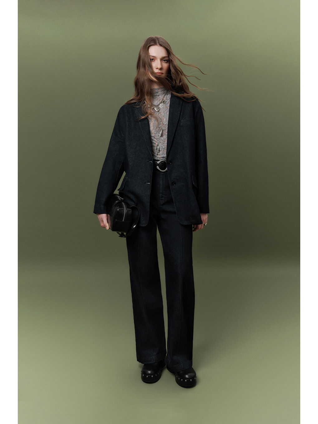 Dikiş Detaylı Geniş Paça Denım Pantolon Derin Mavi-1