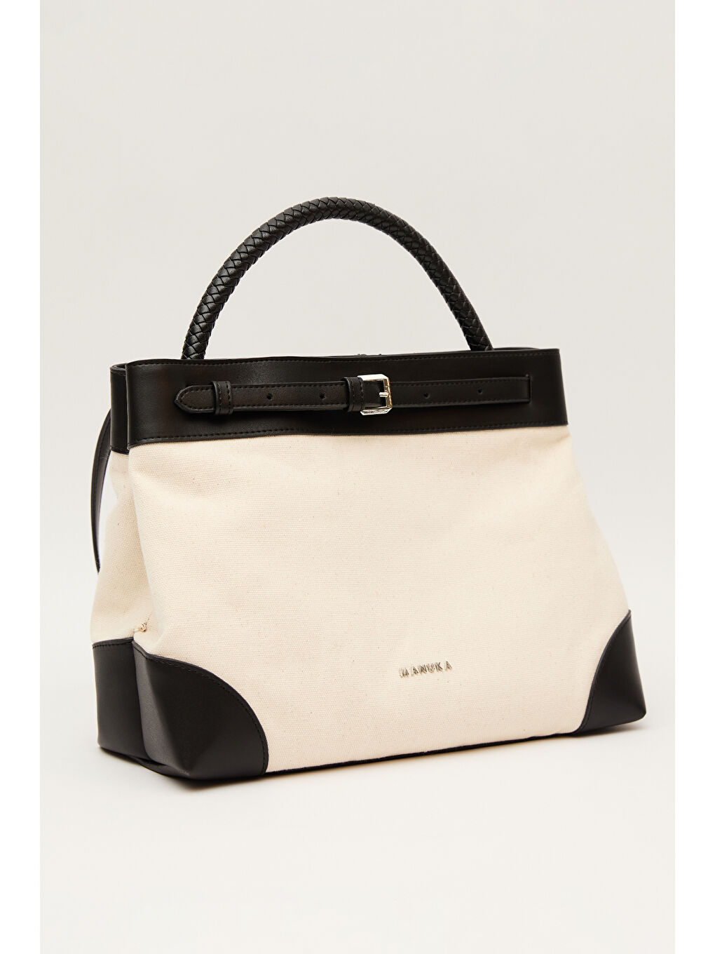 Kemer Detaylı Kanvas Çanta Bej-6