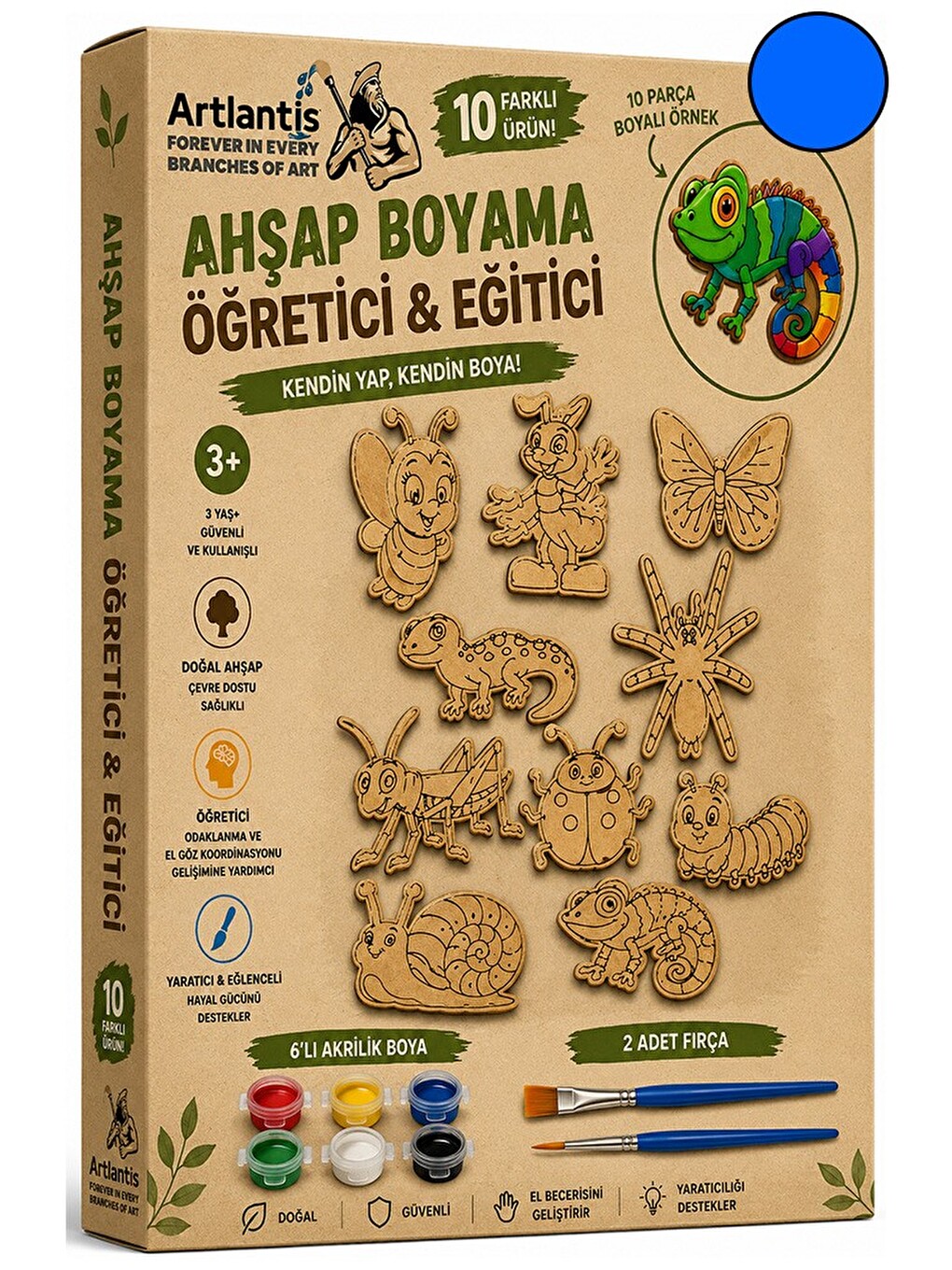 Ahşap Boyama 10 Lu 1 Paket 10x15cm Ahşap Boyama Figürü 6 Renk Boya Ve Resim Fırçası