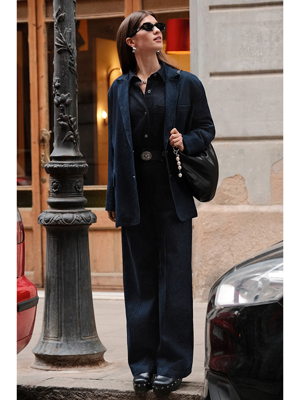 Dikiş Detaylı Geniş Paça Denım Pantolon Derin Mavi-2