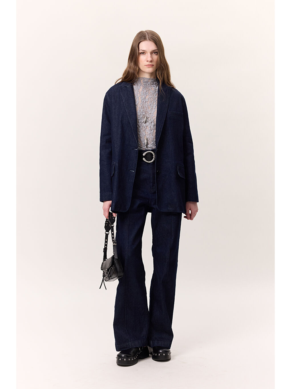 Dikiş Detaylı Geniş Paça Denım Pantolon Derin Mavi-3