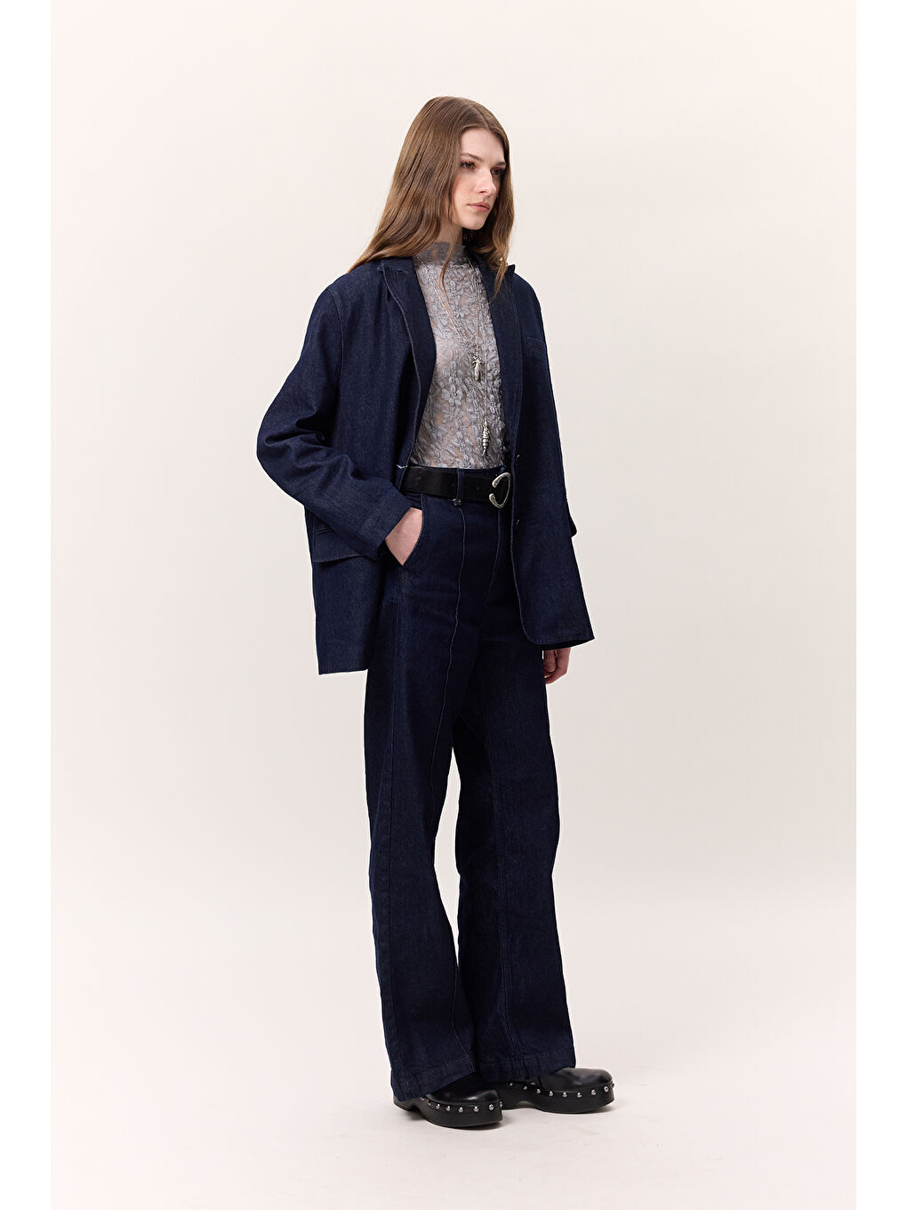 Dikiş Detaylı Geniş Paça Denım Pantolon Derin Mavi-4