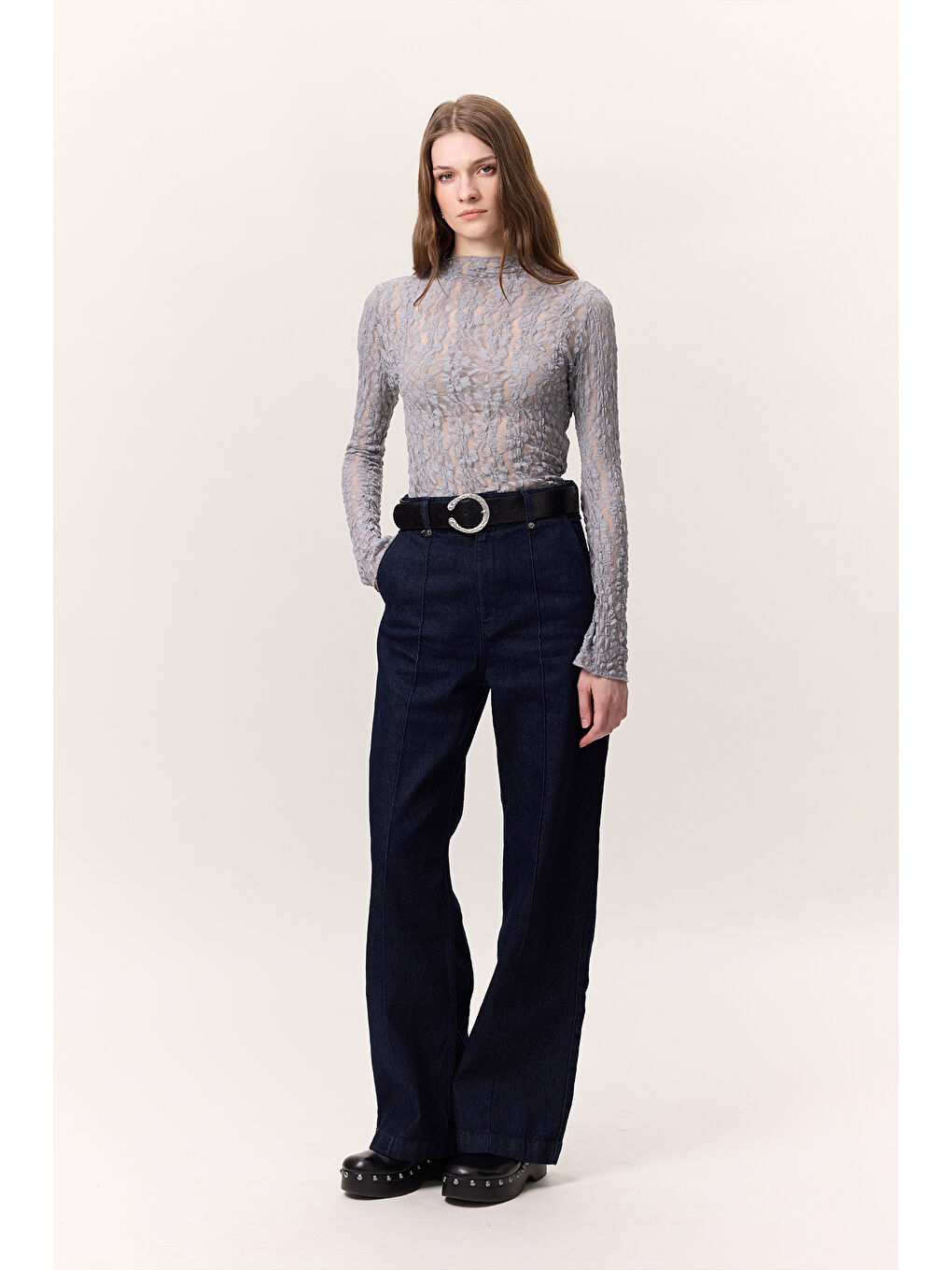 Dikiş Detaylı Geniş Paça Denım Pantolon Derin Mavi-6