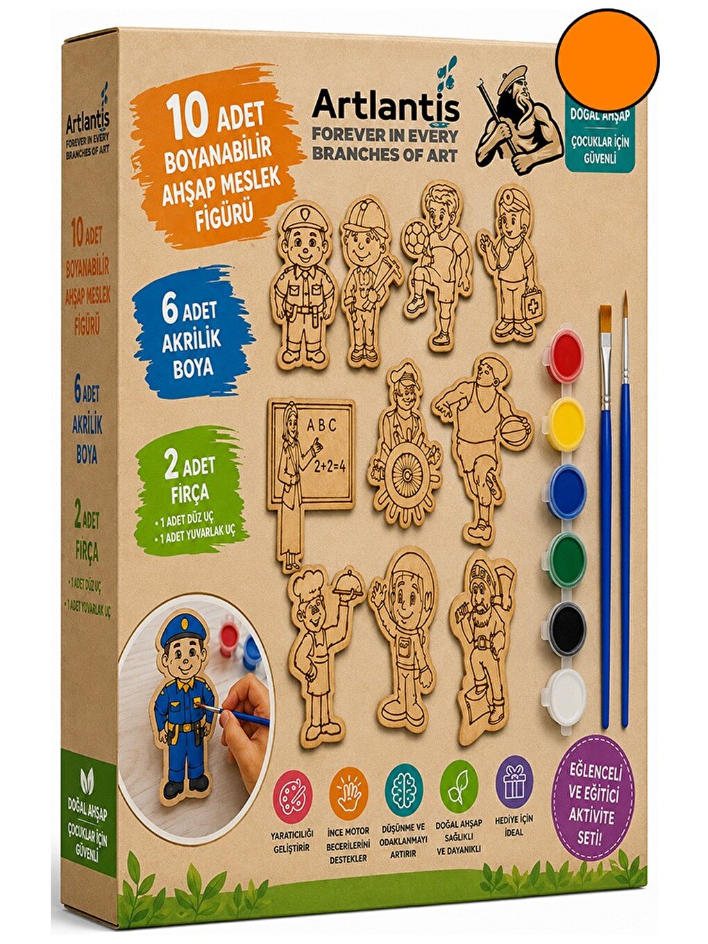 Ahşap Boyama 10 Lu 1 Paket 10x15cm Ahşap Boyama Figürü 6 Renk Boya Ve Resim Fırçası