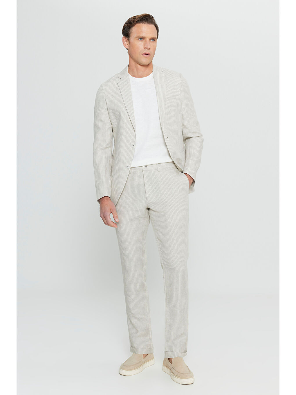 Erkek Bej %100 Keten Slim Fit Dar Kesim Mono Yaka Diagonal Desenli Torba Cepli Takım Elbise-3