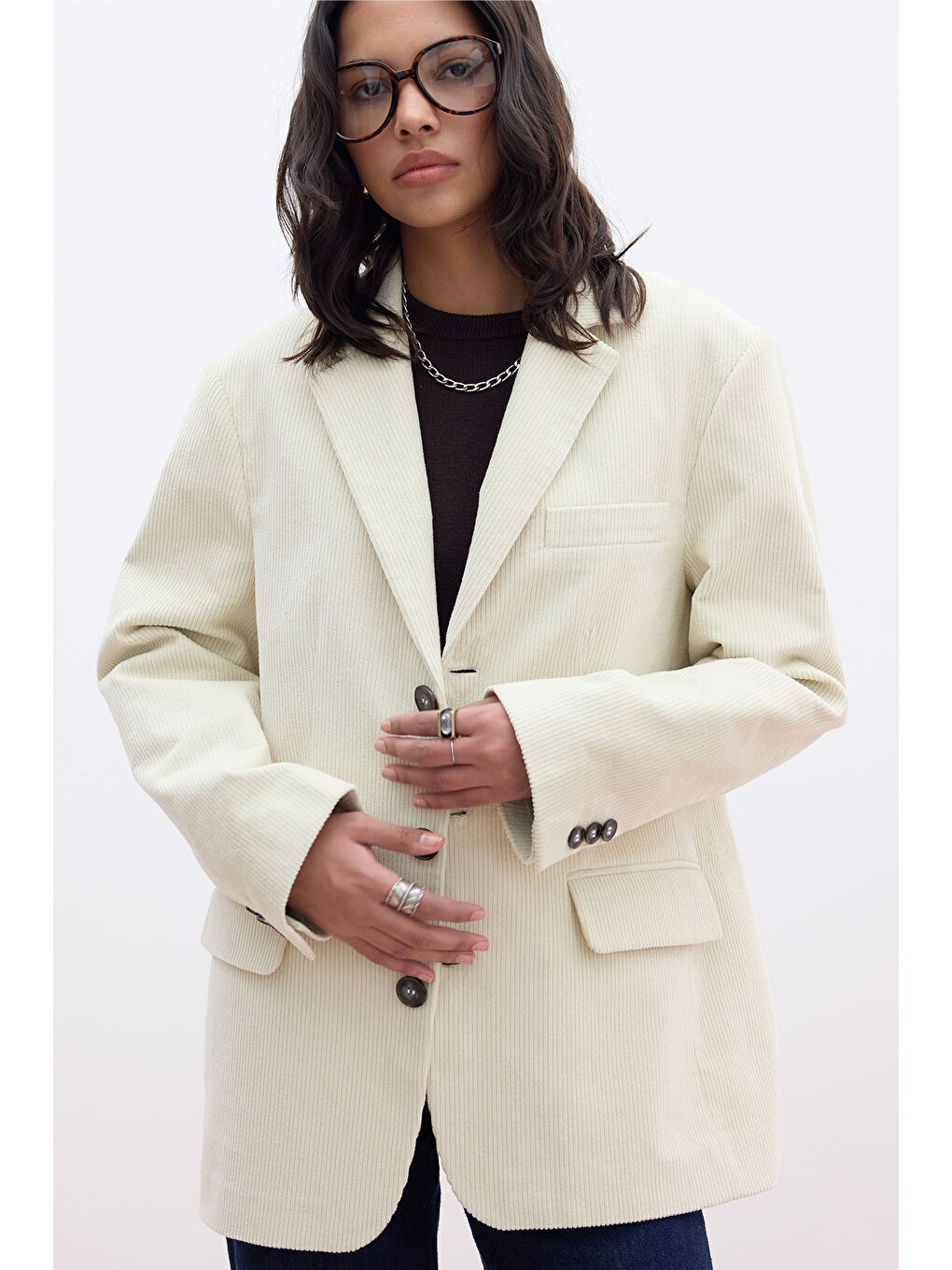 Bej Fitilli Kadife Blazer Ceket Vanilya