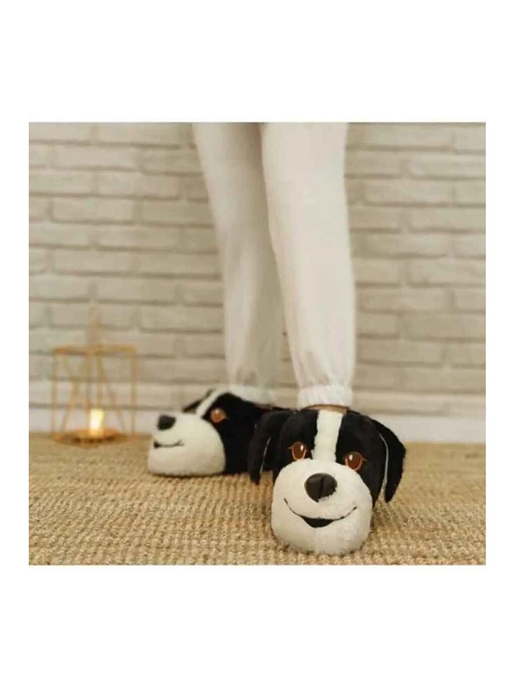 Siyah Köpek Figürlü Pudra Pelüş Panduf Ev Pandufu