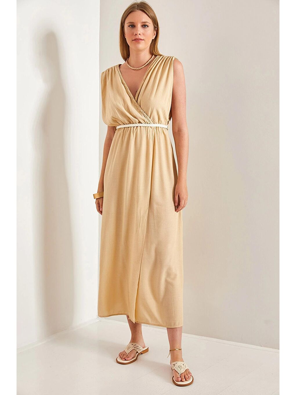 Bej Kadın Askılı Beli Hasır İp Bağlamalı Elbise