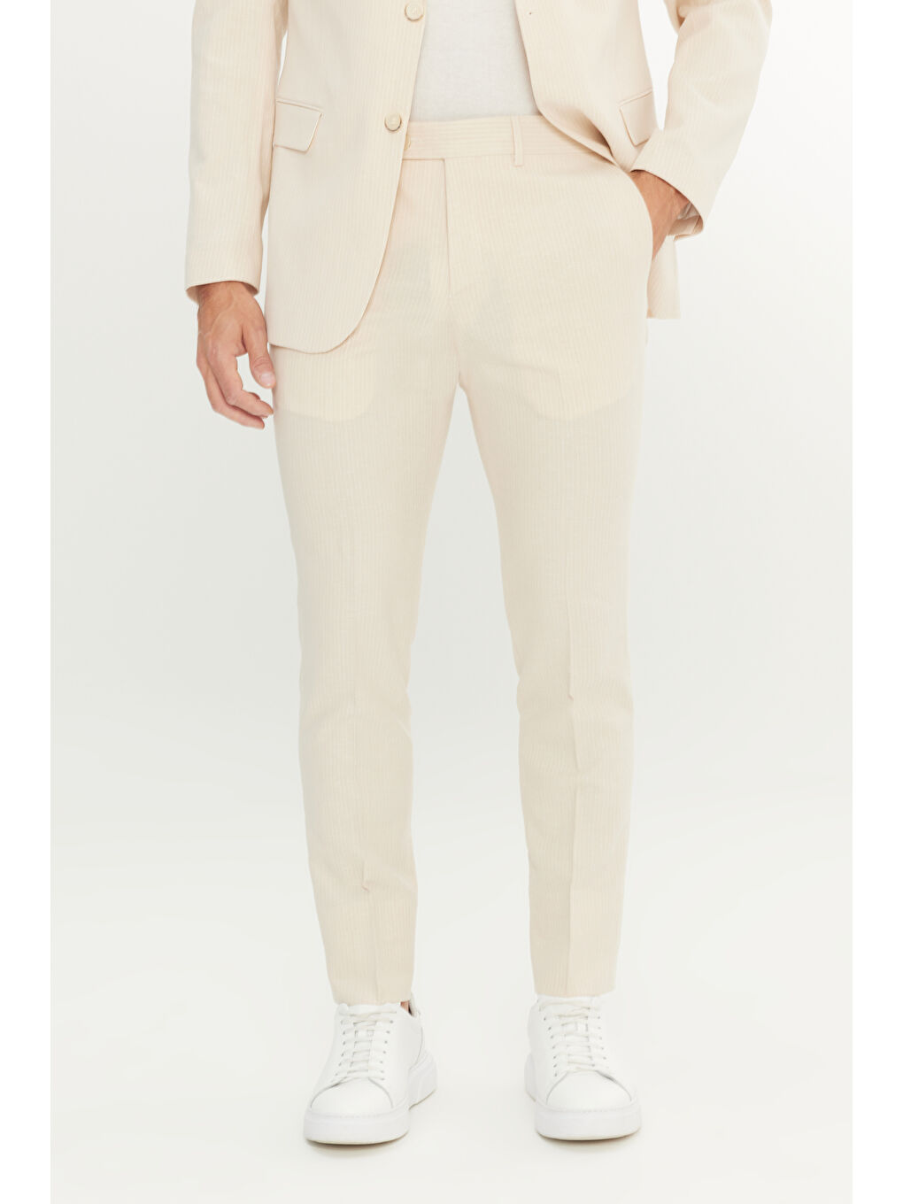 Erkek Bej Slim Fit Dar Kesim Kırlangıç Yaka Kapak Cepli Çizgili Esnek Takım Elbise-5