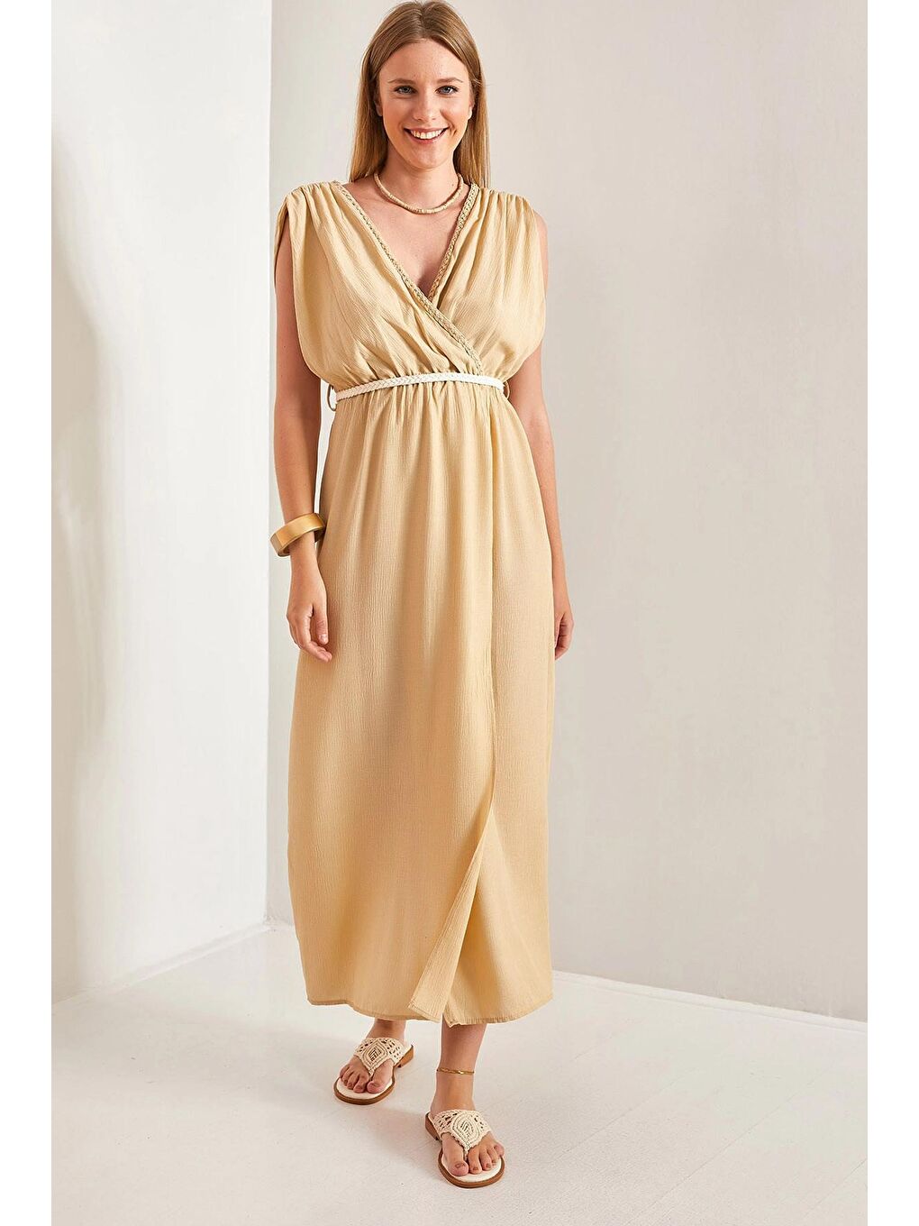 Bej Kadın Askılı Beli Hasır İp Bağlamalı Elbise-1