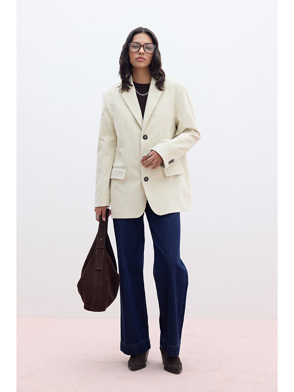 Bej Fitilli Kadife Blazer Ceket Vanilya-1