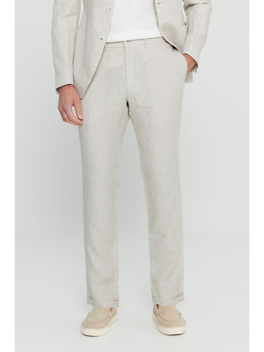 Erkek Bej %100 Keten Slim Fit Dar Kesim Mono Yaka Diagonal Desenli Torba Cepli Takım Elbise-6