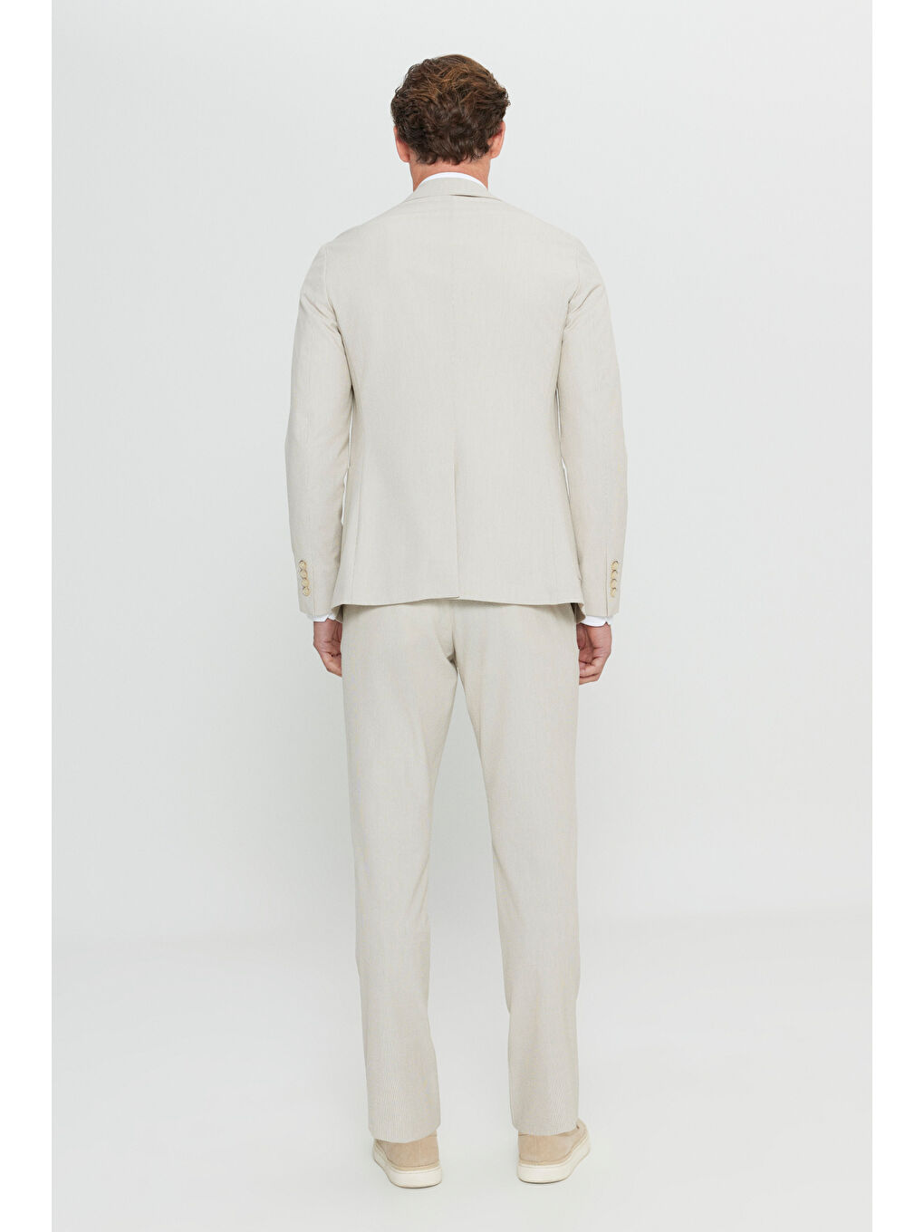 Erkek Bej Pamuklu Slim Fit Dar Kesim Kırlangıç Yaka Çizgili Gofre Desenli Torba Cepli Takım Elbise-6