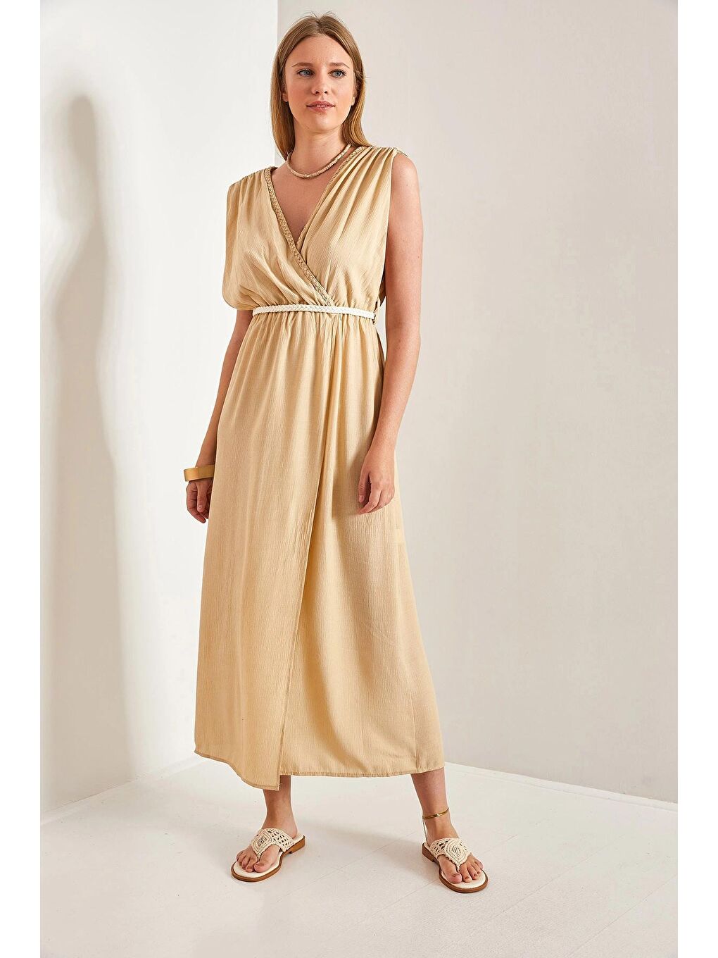 Bej Kadın Askılı Beli Hasır İp Bağlamalı Elbise-2