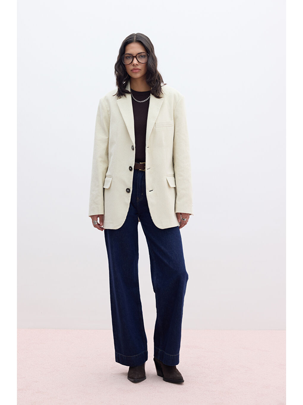 Bej Fitilli Kadife Blazer Ceket Vanilya-2