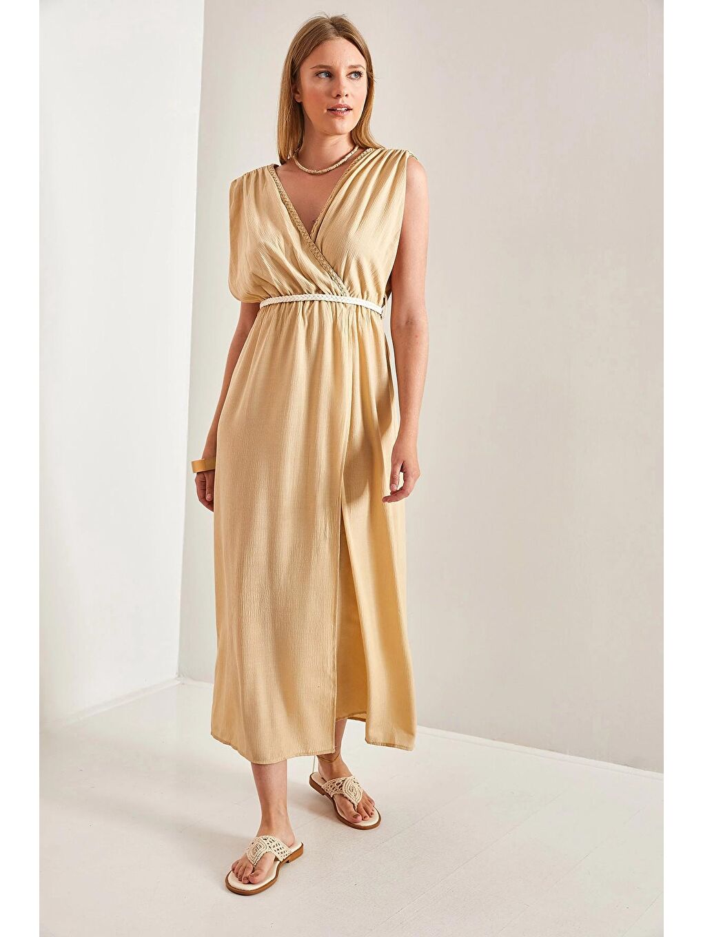 Bej Kadın Askılı Beli Hasır İp Bağlamalı Elbise-3