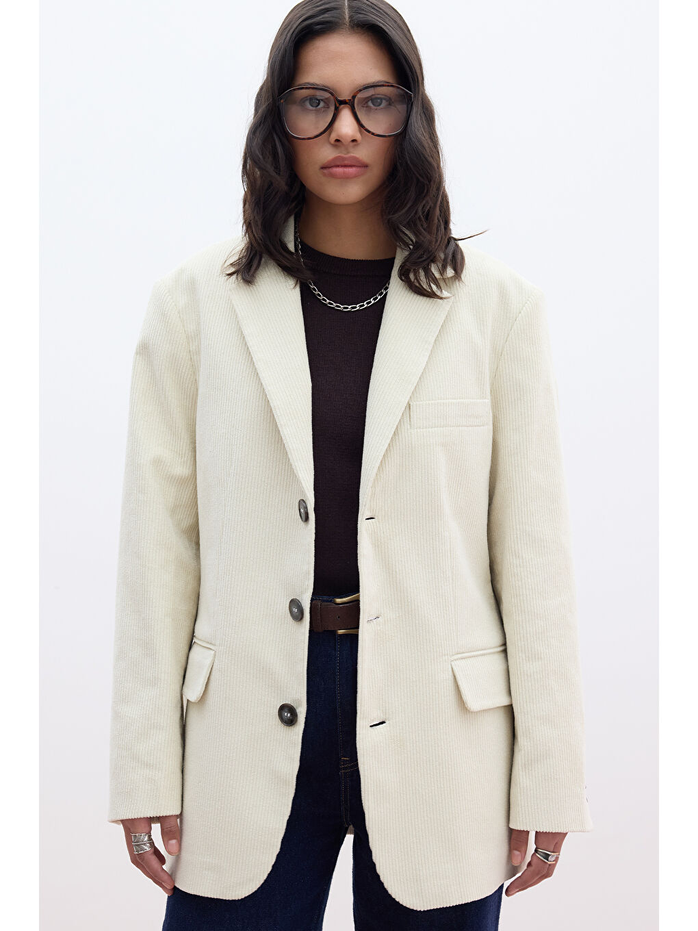 Bej Fitilli Kadife Blazer Ceket Vanilya-3