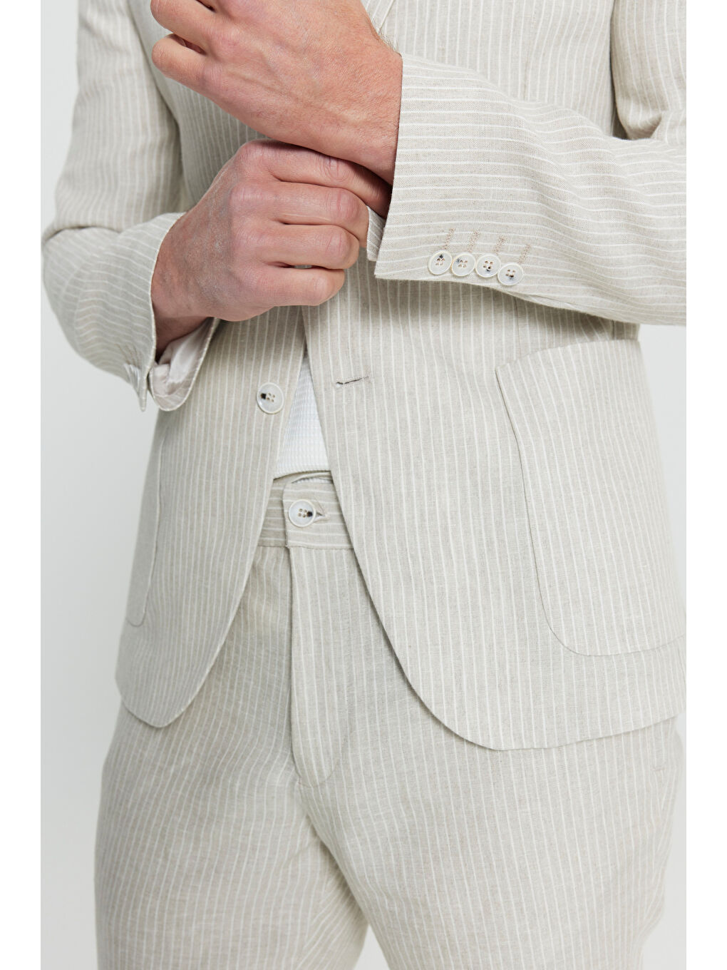 Erkek Bej %100 Keten Slim Fit Dar Kesim Mono Yaka Diagonal Desenli Torba Cepli Takım Elbise-7