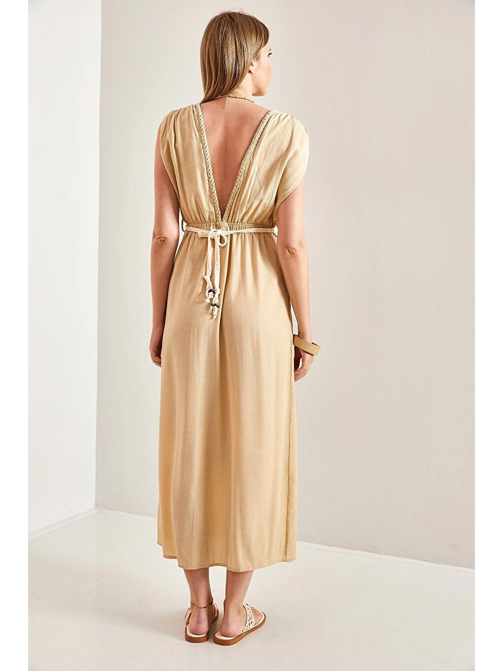 Bej Kadın Askılı Beli Hasır İp Bağlamalı Elbise-4