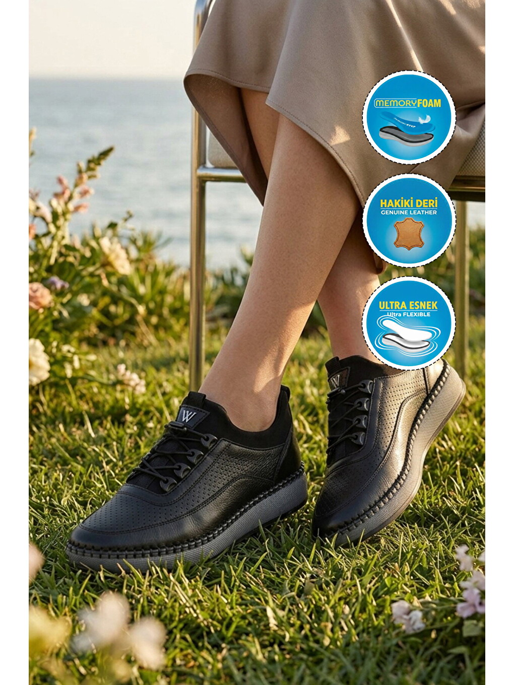Siyah Hakiki Deri Delikli Nefes Alan Anatomik Lastik Bağcıklı Kadın Casual Ayakkabı Z092 Z-2