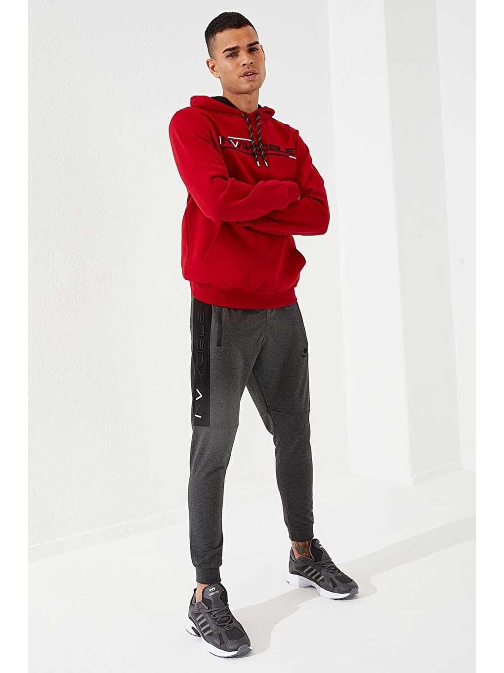 Antrasit Melanj Erkek Nakış Detaylı Dar Kalıp Jogger Eşofman Alt - 84792