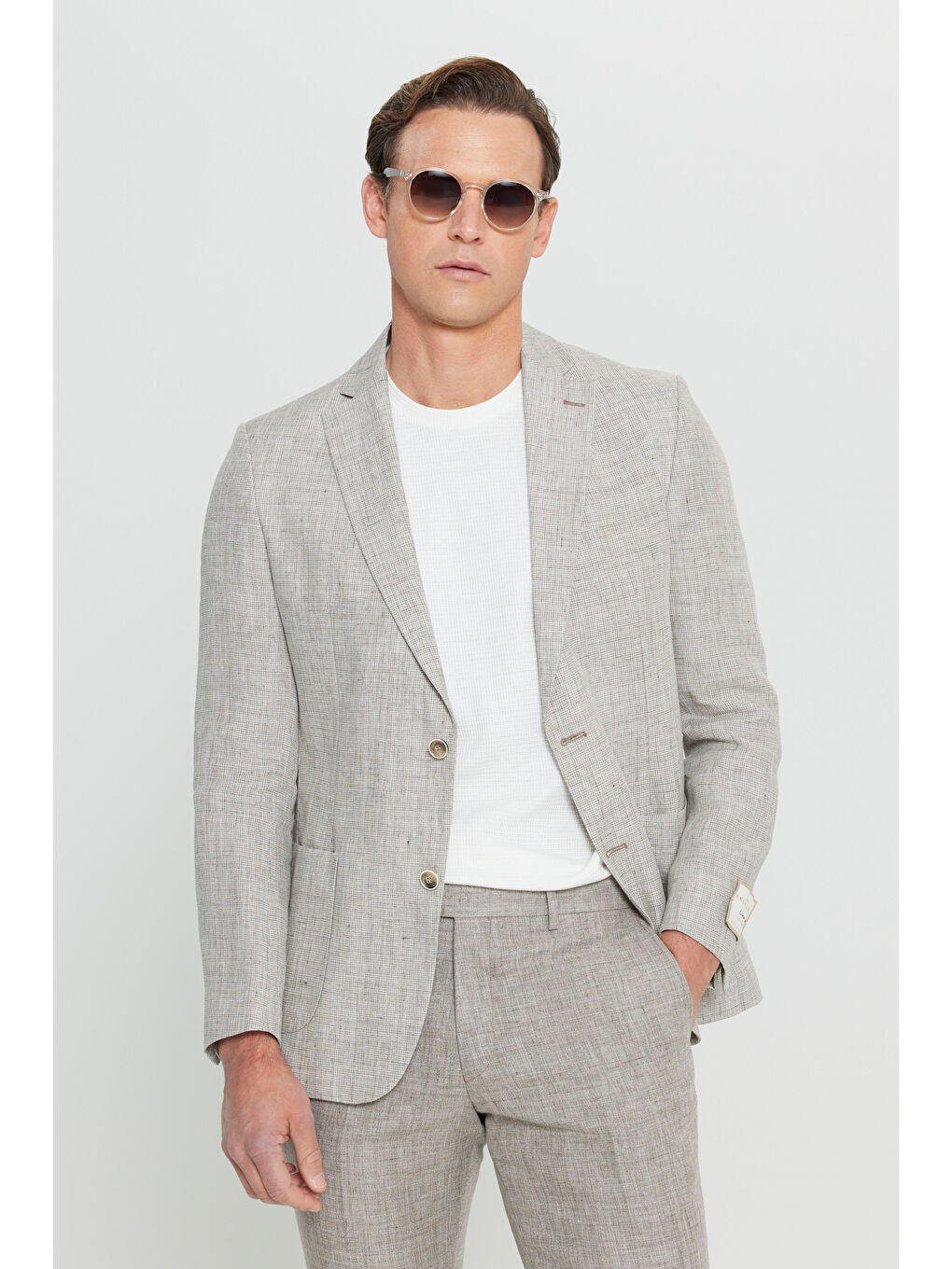 Erkek Bej %100 Keten Slim Fit Dar Kesim Mono Yaka Kazayağı Desenli Takım Elbise