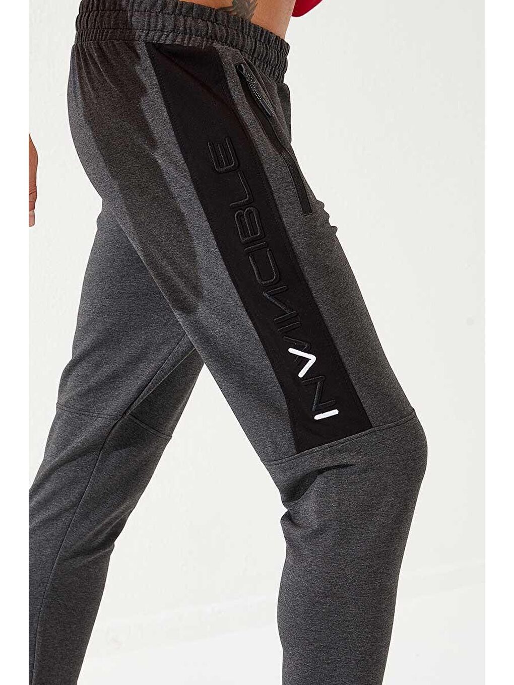 Antrasit Melanj Erkek Nakış Detaylı Dar Kalıp Jogger Eşofman Alt - 84792-1