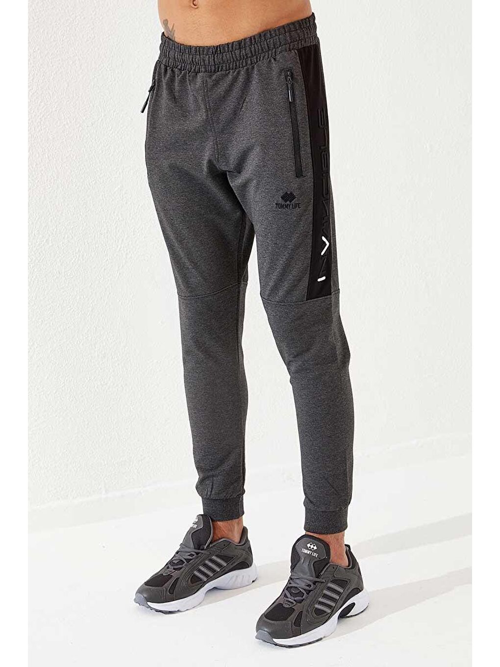 Antrasit Melanj Erkek Nakış Detaylı Dar Kalıp Jogger Eşofman Alt - 84792-3