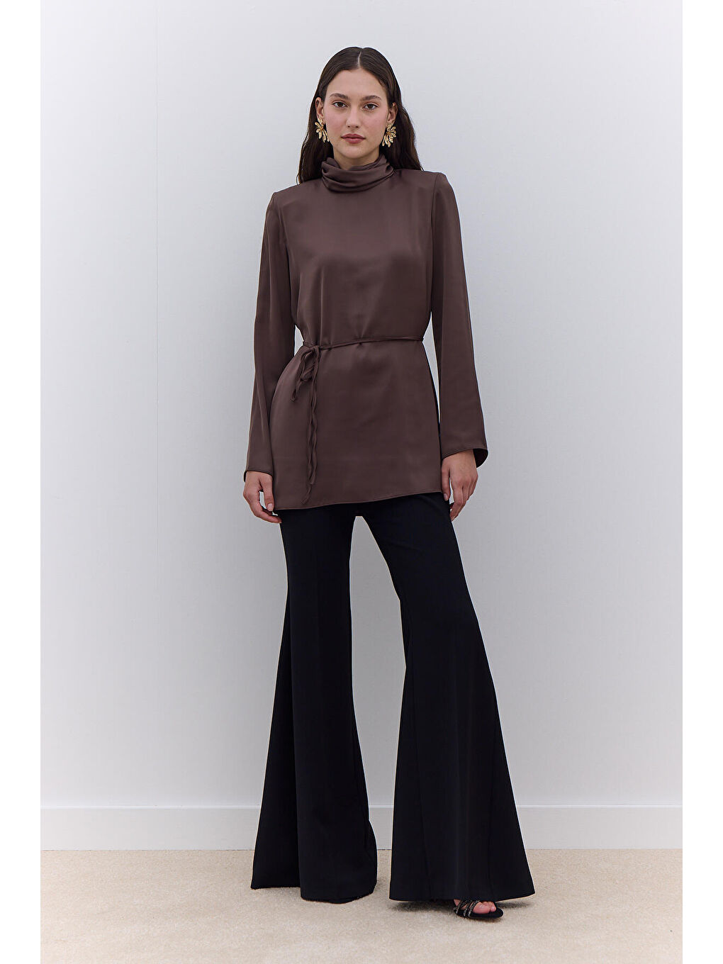 Saten Geniş Kol Tunik Kahverengi-1